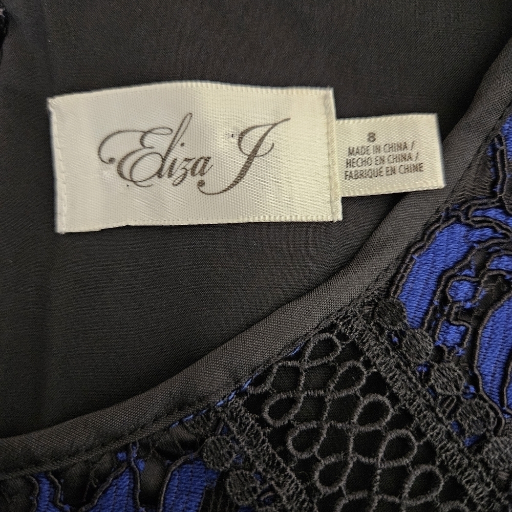 Eliza J Fit Flare Dress Blue Black Lace Sheer 3/4 Sleeve Zip Back Lined 8 - Picture 6 of 8